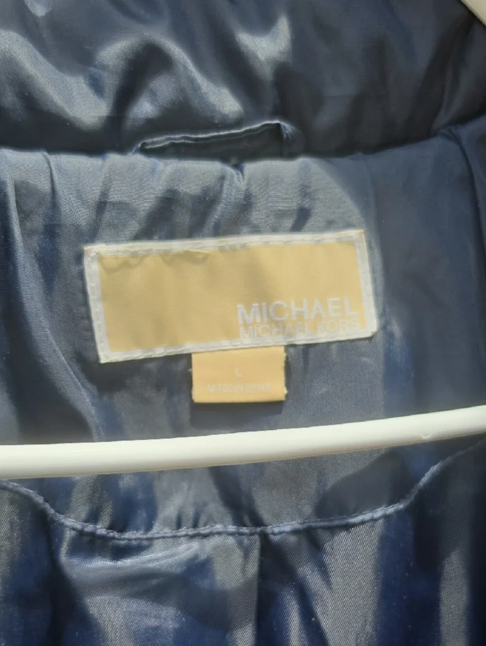 Michael Kors Navy Quilted Long Puffer Coat with Faux Fur Hood Trim